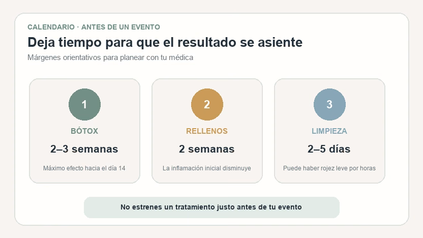 Cuánto tiempo antes de un evento hacerse bótox, rellenos o limpieza facial Cuánto tiempo antes de un evento hacerse bótox, rellenos o limpieza facial: margen recomendado por tratamiento