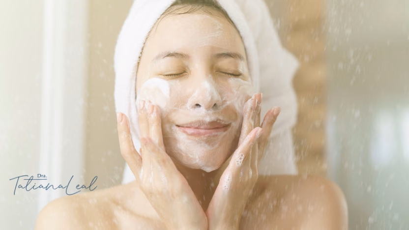 Cleansing your face at home for large pores Woman washing her face with a gentle cleanser as part of a routine for large pores