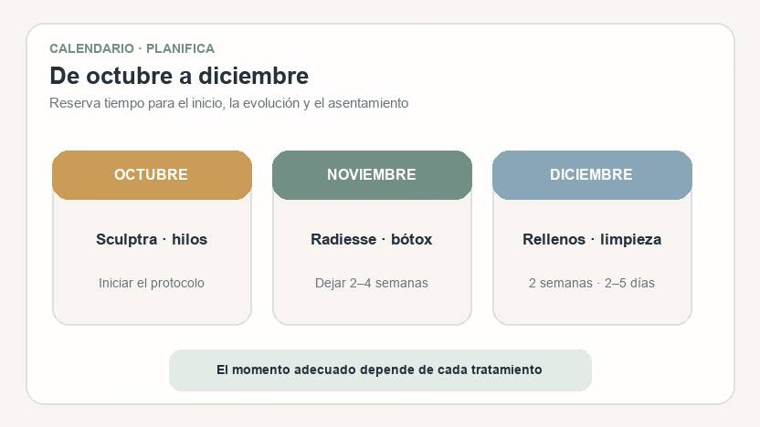 Calendario de planificación de tratamientos estéticos de octubre a diciembre Planificación de tratamientos estéticos entre octubre y diciembre: Sculptra, hilos, Radiesse, bótox, rellenos y limpieza facial