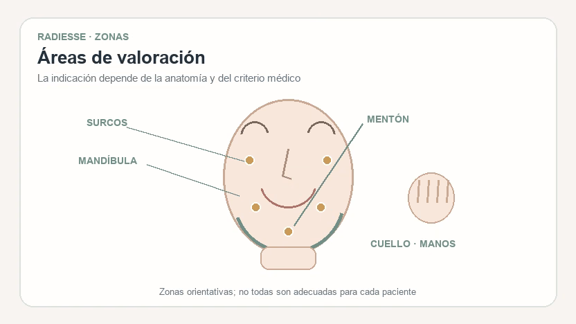 Zonas donde se aplica Radiesse: surcos nasogenianos, mandíbula, mentón, cuello y manos